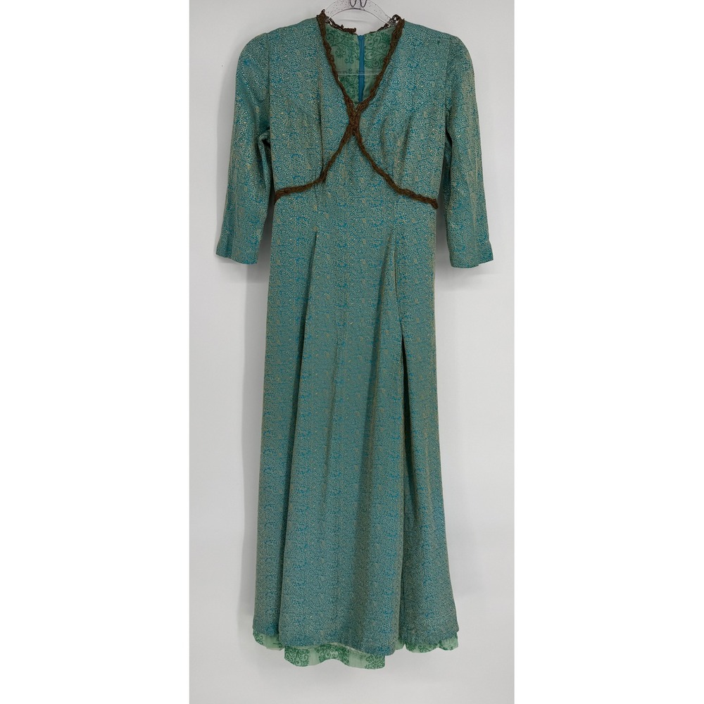 Vintage 70s Paisley Brocade Maxi Dress Lace Trim Empire Waist Sz S